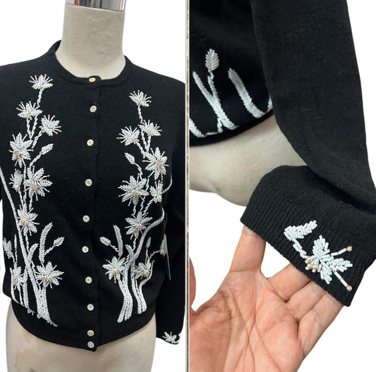 SOLD! 1950 Vintage Large Size Black Soft Sweater with White Beaded Flowers Perfect