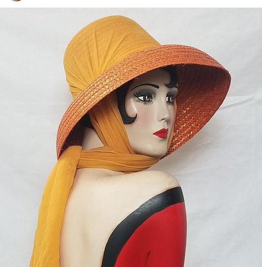 SOLD! 1950 1960 Tangerine Orange Straw Hat with Matching Chiffon Scarf  So Summer