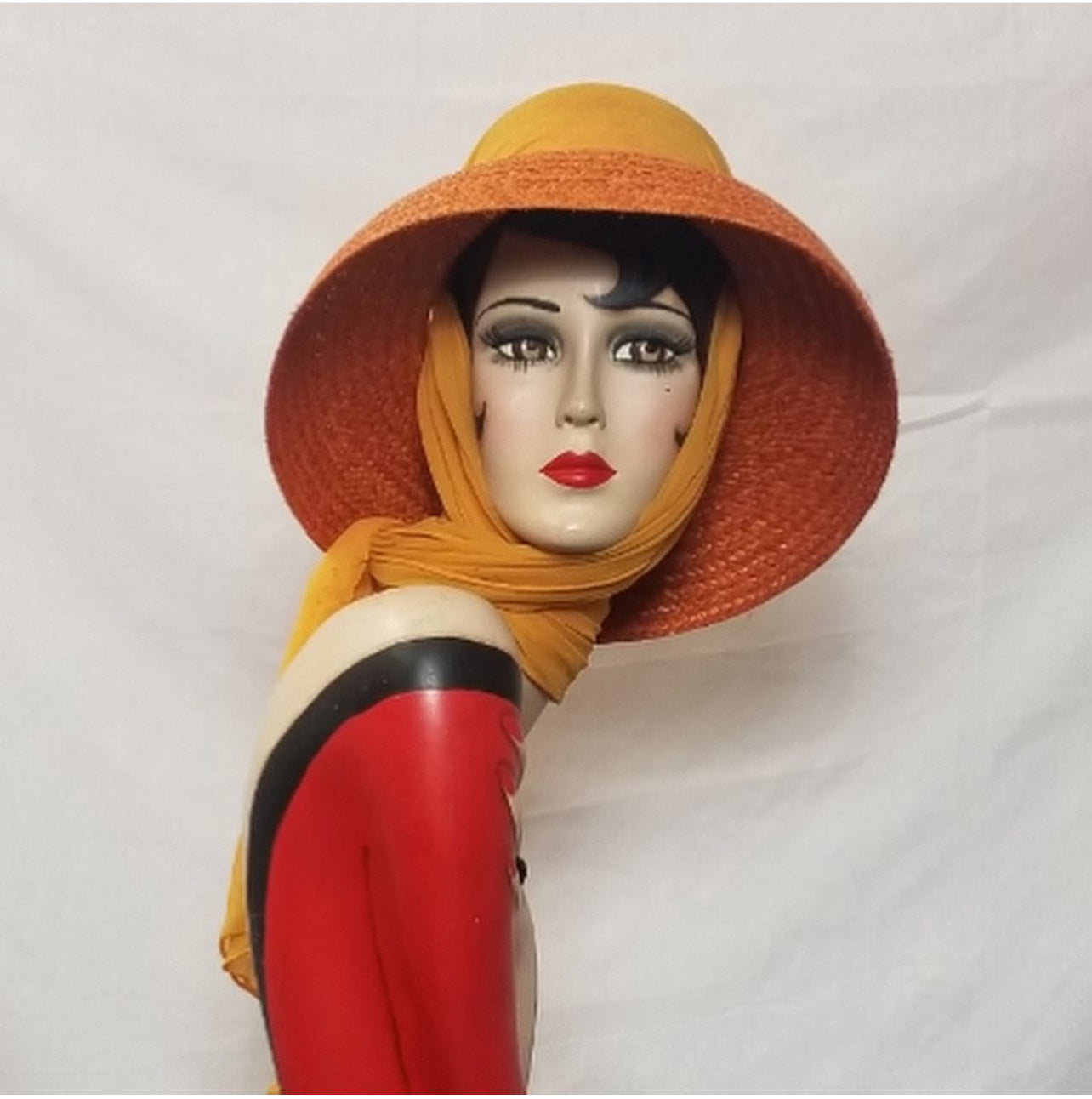 SOLD! 1950 1960 Tangerine Orange Straw Hat with Matching Chiffon Scarf  So Summer