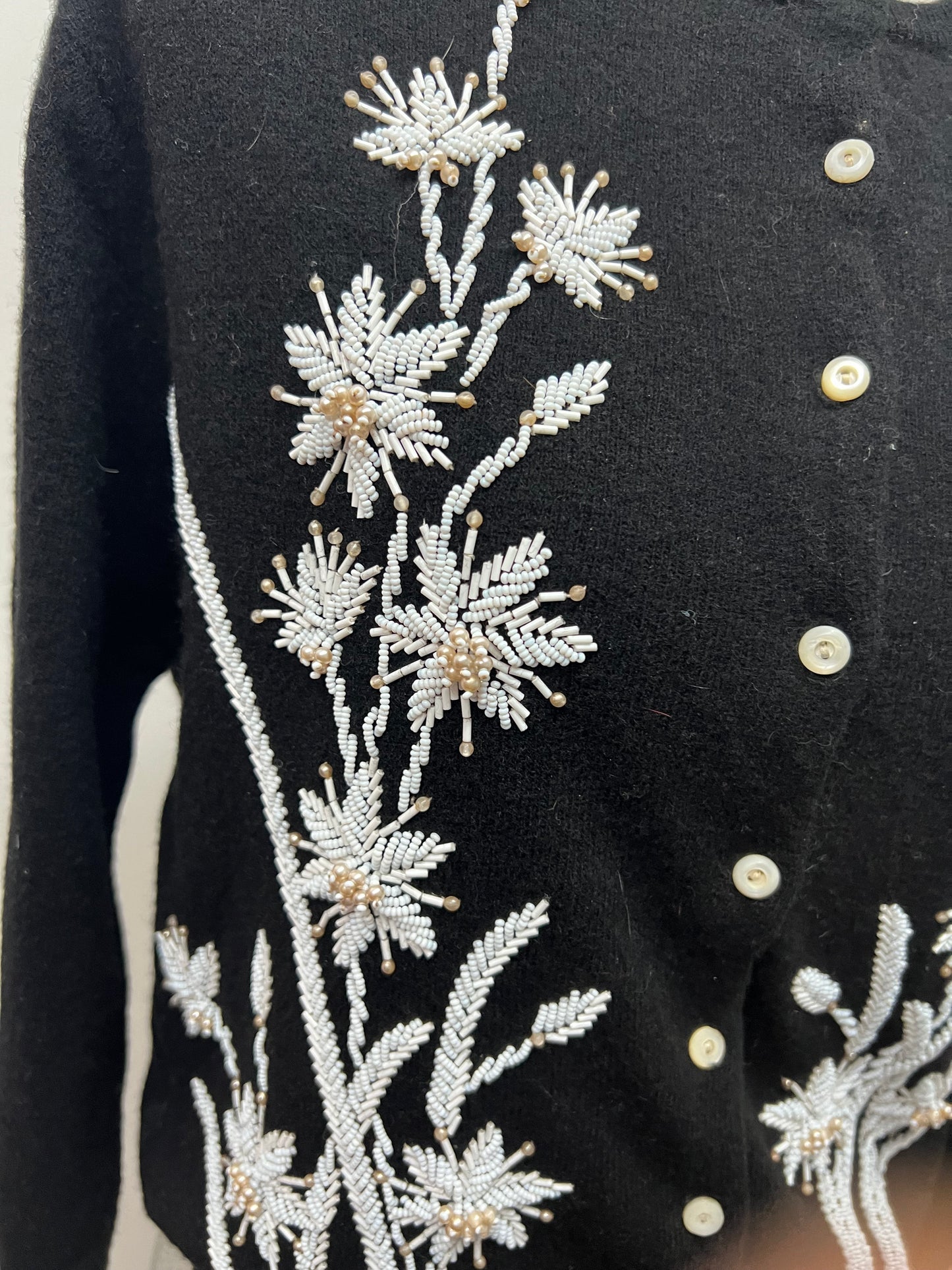 SOLD! 1950 Vintage Large Size Black Soft Sweater with White Beaded Flowers Perfect