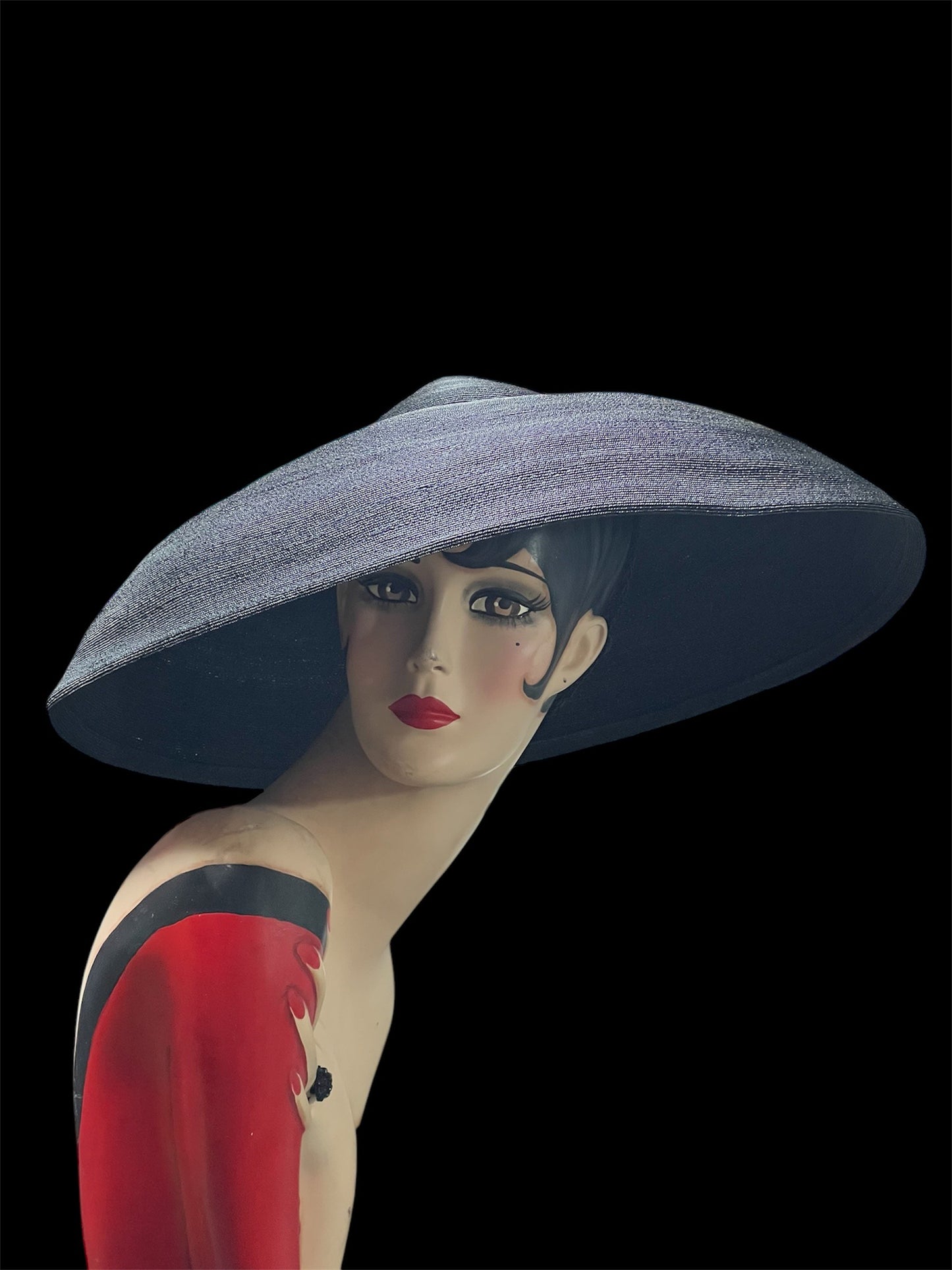 SOLD! 1950 Vintage Very Wide Brim Deep Black Straw Woven Hat with Pointed Crown Perfect and Rare