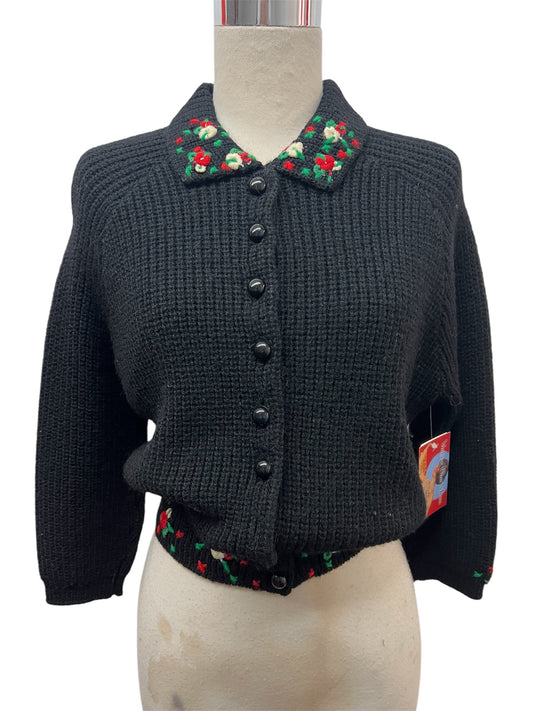SOLD! 1950 Vintage May Claire Large Size Rich Black Short Waist Sweater with Embroidered Flowers Perfect