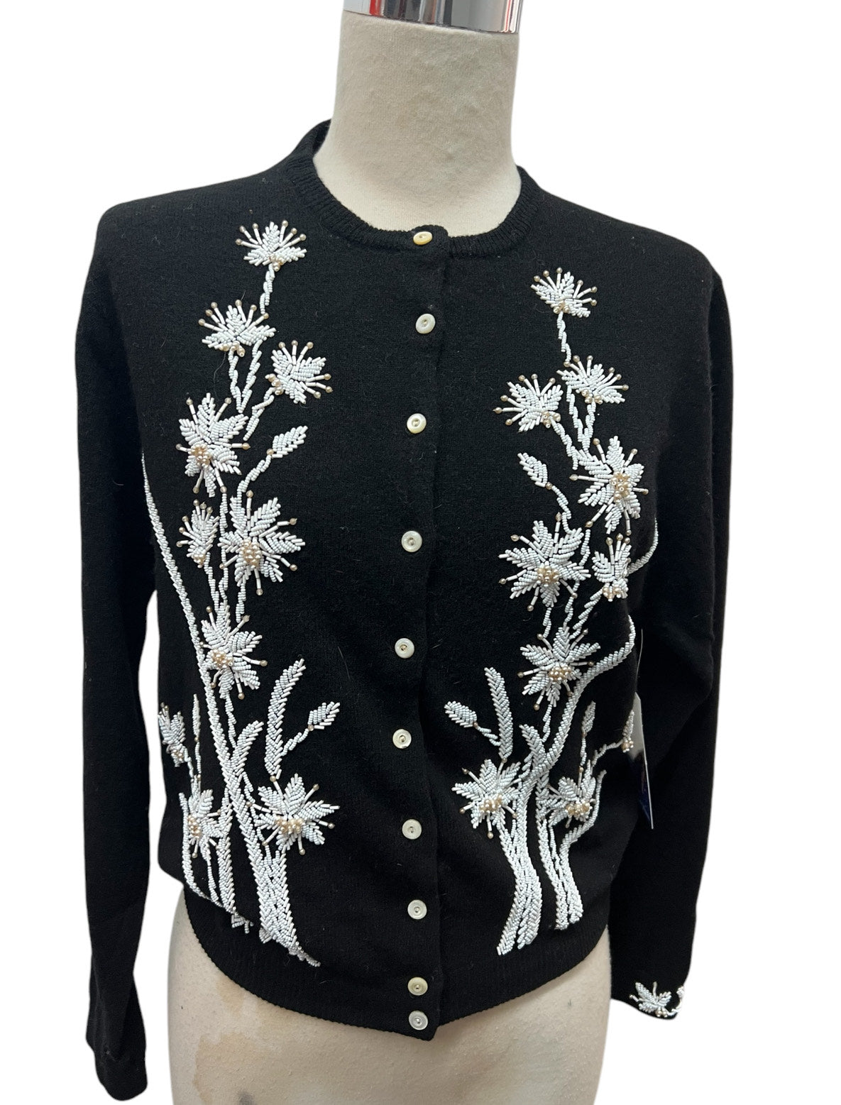 SOLD! 1950 Vintage Large Size Black Soft Sweater with White Beaded Flowers Perfect