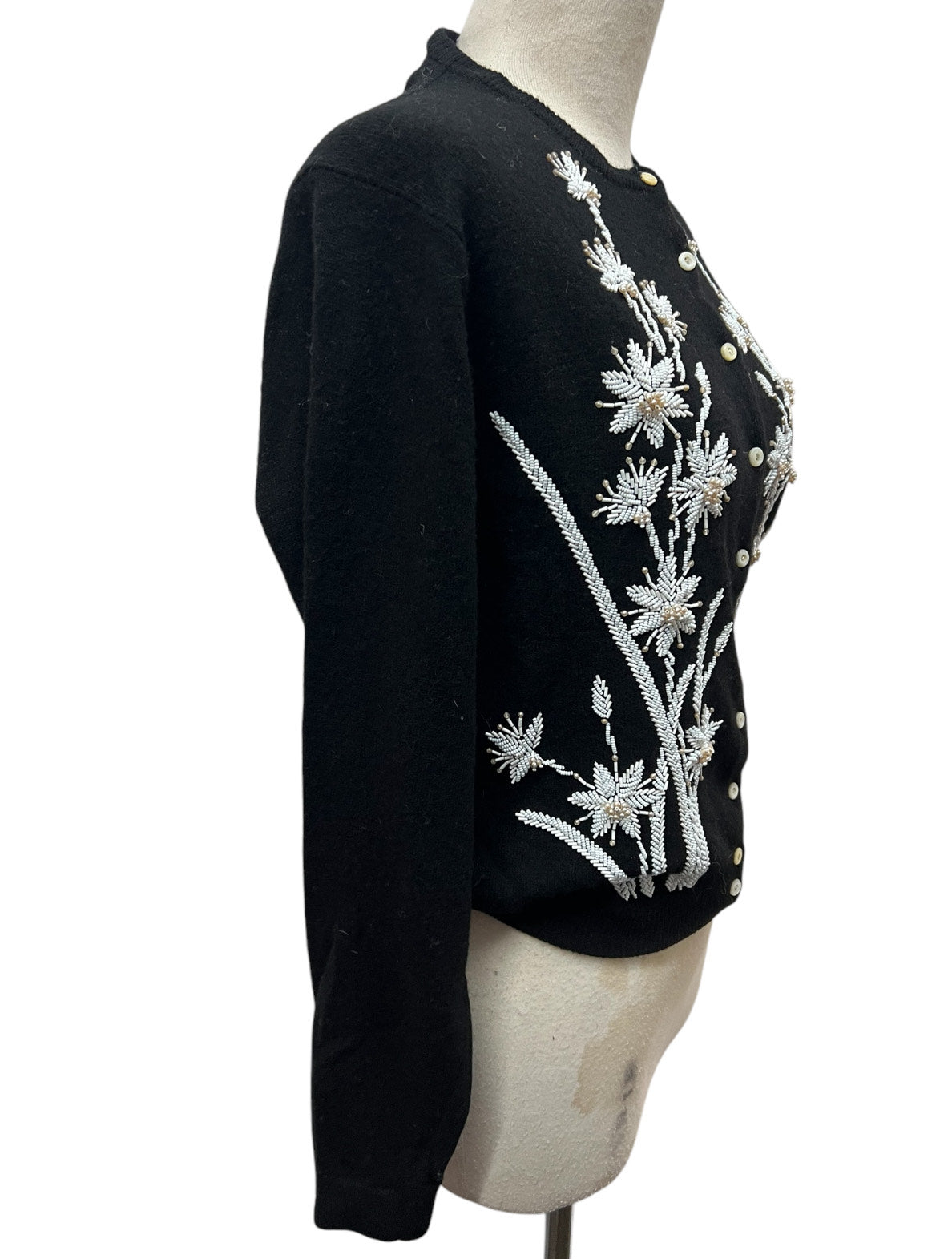 SOLD! 1950 Vintage Large Size Black Soft Sweater with White Beaded Flowers Perfect