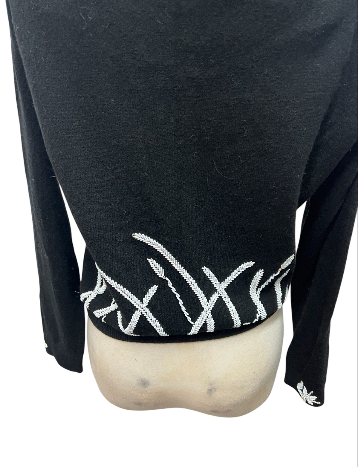 SOLD! 1950 Vintage Large Size Black Soft Sweater with White Beaded Flowers Perfect