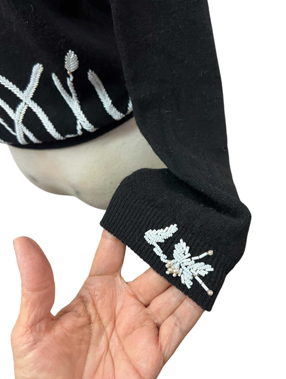 SOLD! 1950 Vintage Large Size Black Soft Sweater with White Beaded Flowers Perfect