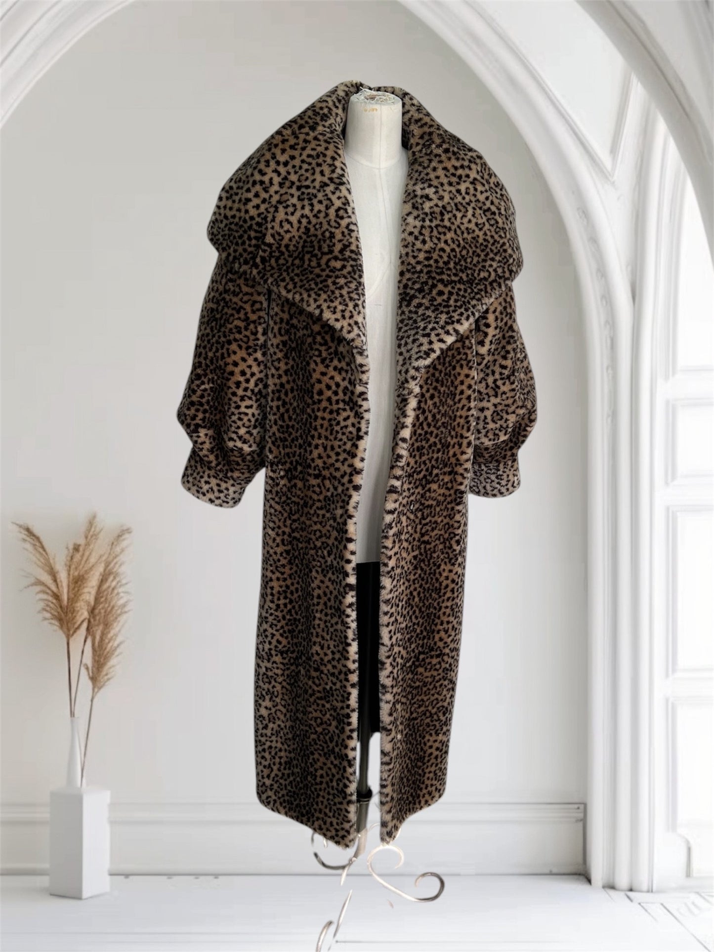 SOLD! Vintage Faux Leopard Fur Full Length Coat Full Shawl Collar