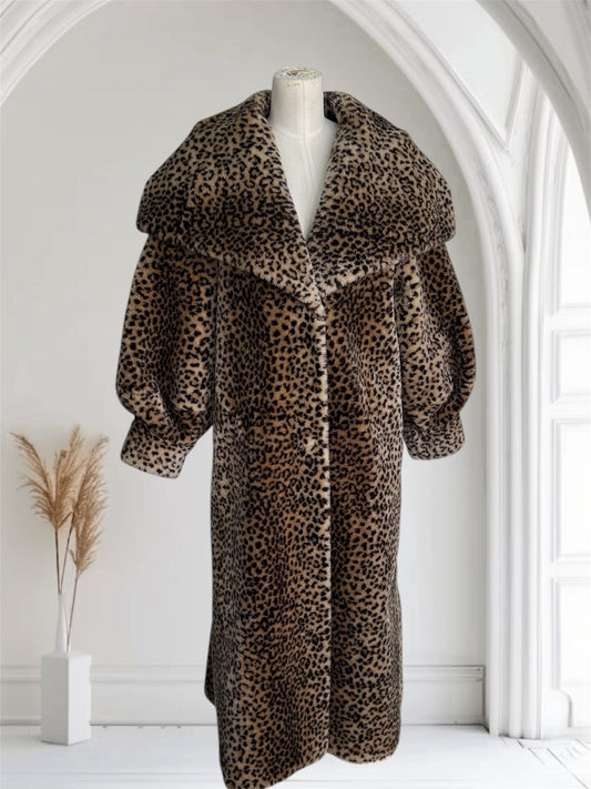 SOLD! Vintage Faux Leopard Fur Full Length Coat Full Shawl Collar
