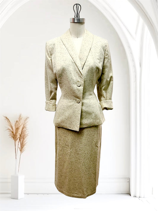 1940 1950 Vintage Nice Size Perfect Lilli Ann Creamy Fleck Wool Suit Full Peplum