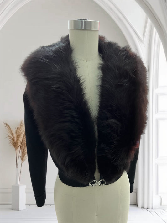 1950 Vintage Deep Black Soft Waist Length Sweater with Full Fox Fur Collar
