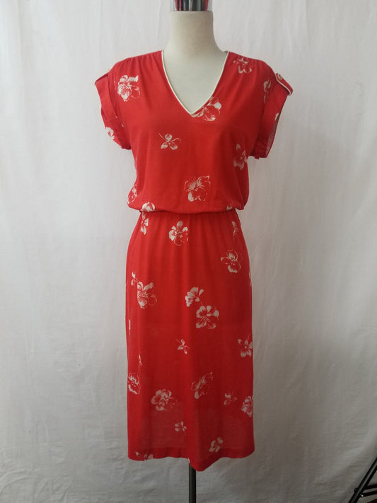 1978 Vintage Red with White Hibiscus Floral Print Soft Jersey Cotton Dress