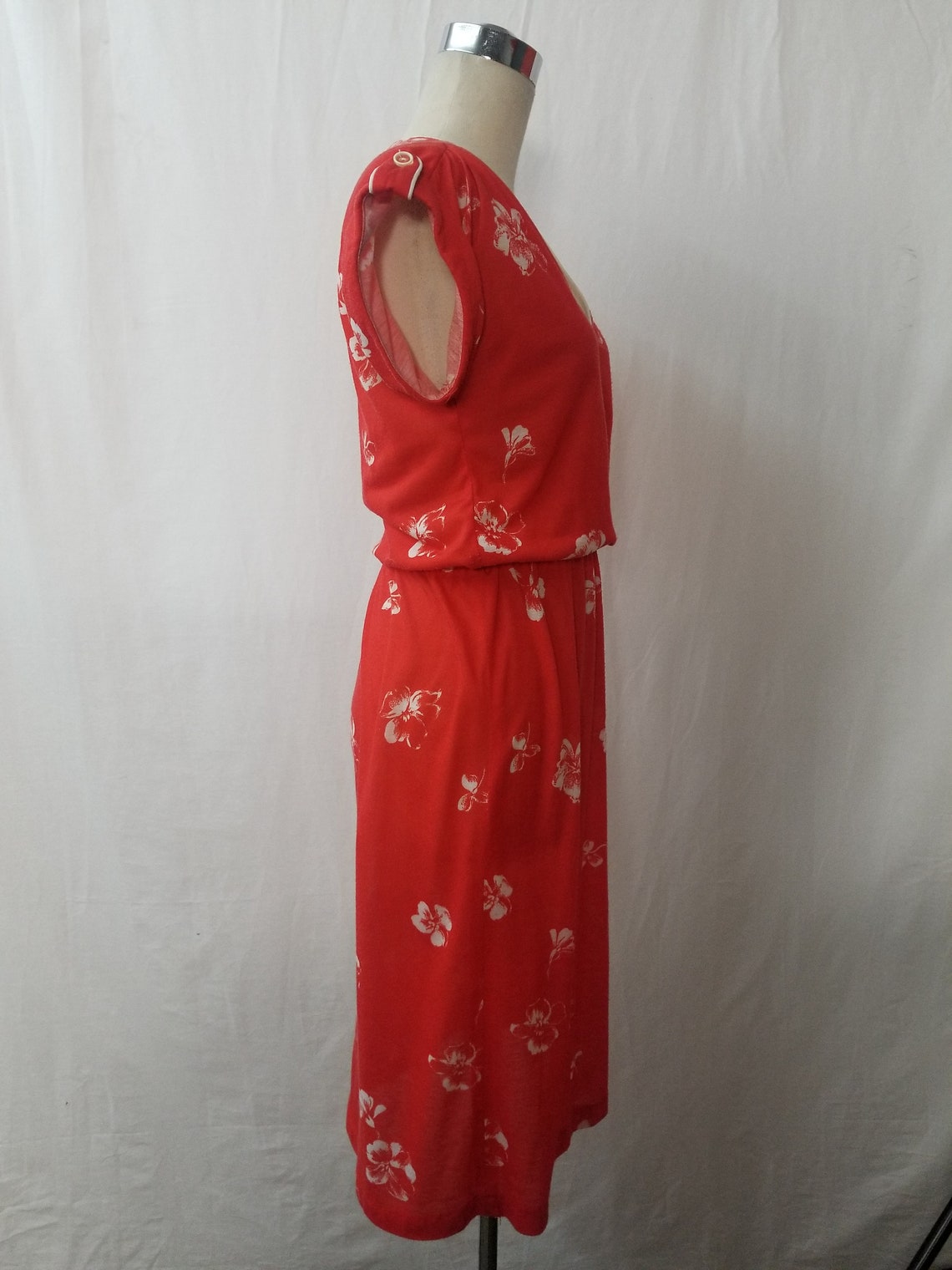 1978 Vintage Red with White Hibiscus Floral Print Soft Jersey Cotton Dress