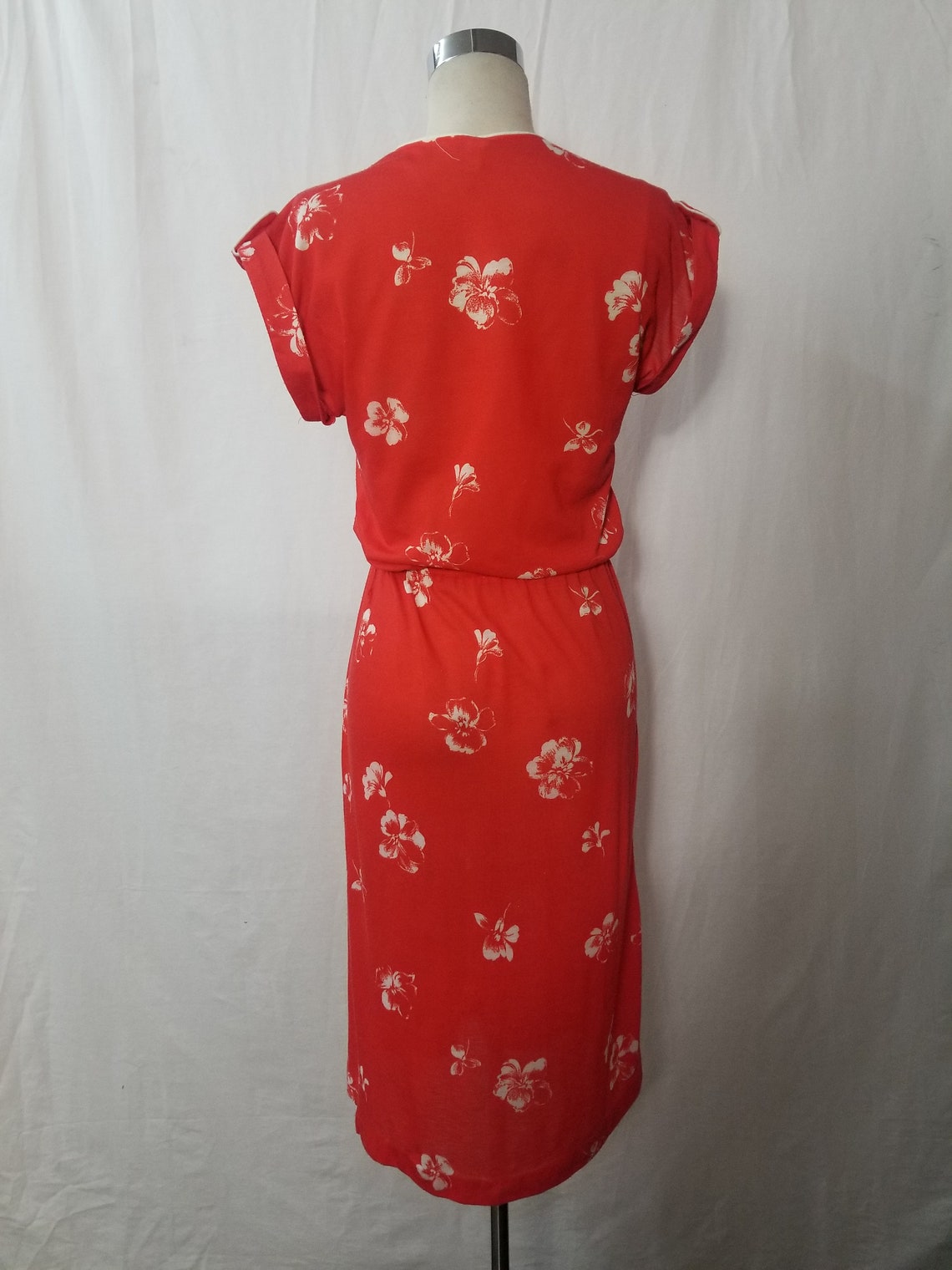 1978 Vintage Red with White Hibiscus Floral Print Soft Jersey Cotton Dress