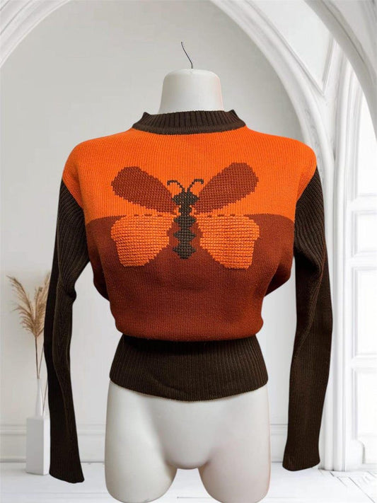 1970 Vintage Orange Brown Rust Pullover Sweater Butterfly Design Size M
