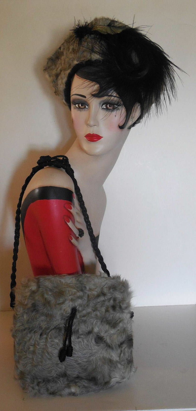 1900's Vintage Curly Gray Lambs Wool Hat with Ostrich Plum and Matching Purse Set