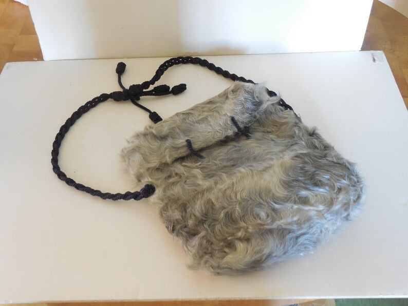 1900's Vintage Curly Gray Lambs Wool Hat with Ostrich Plum and Matching Purse Set