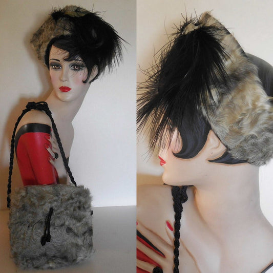 1900's Vintage Curly Gray Lambs Wool Hat with Ostrich Plum and Matching Purse Set