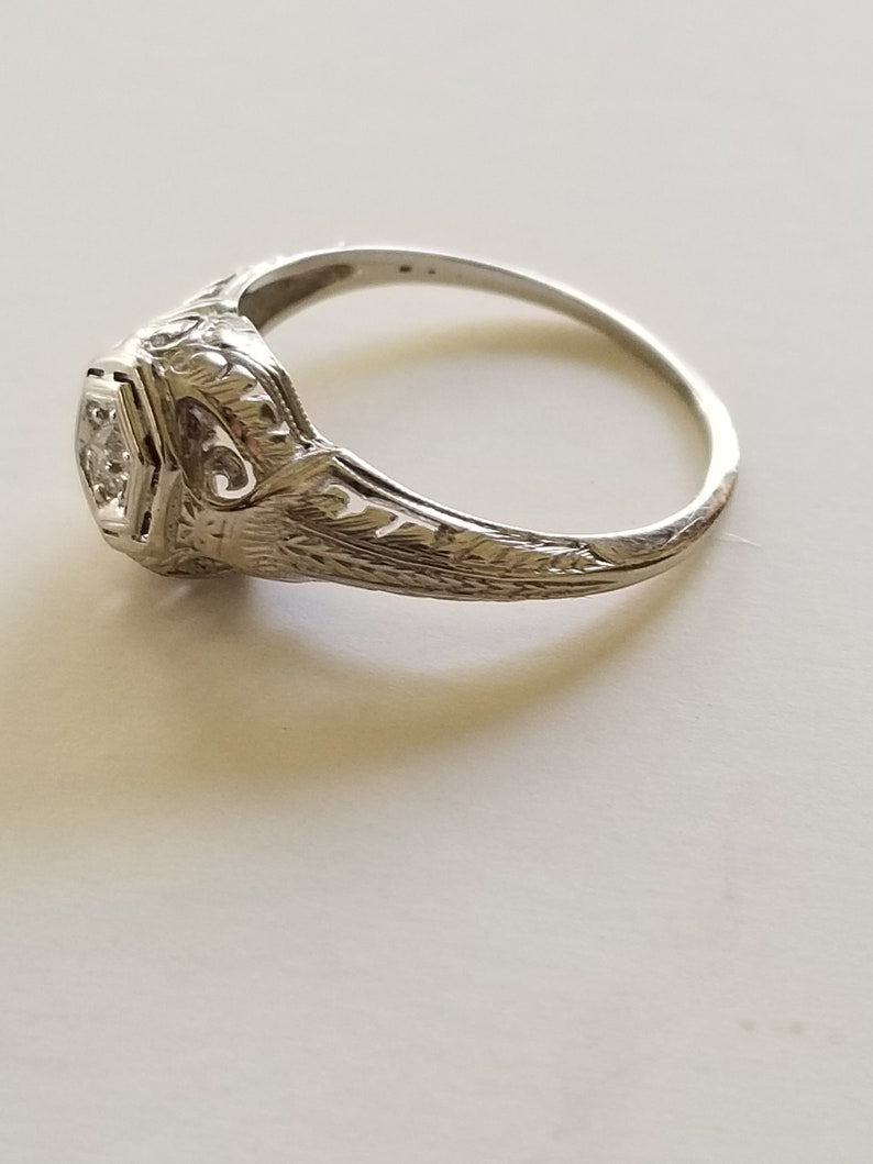 SOLD! Antique Estate Vintage 1800's 1900's 18K White Gold Diamond Filigree Ring