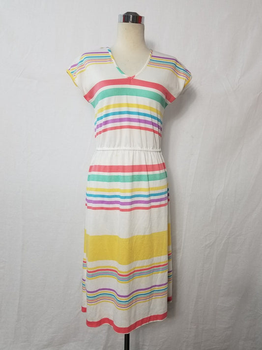 1970's Vintage Soft Jersey White Dress with Multi Colored Strips