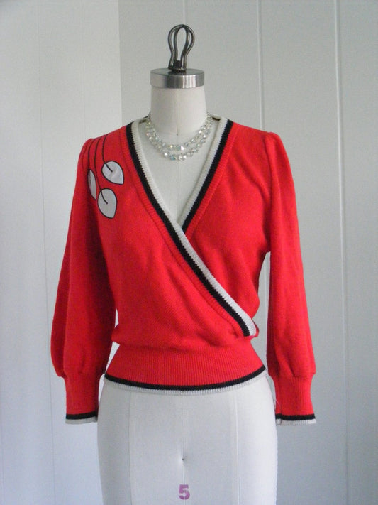 1970 Vintage Short Waist Red Wrap Sweater with White Leaves...Size M/L