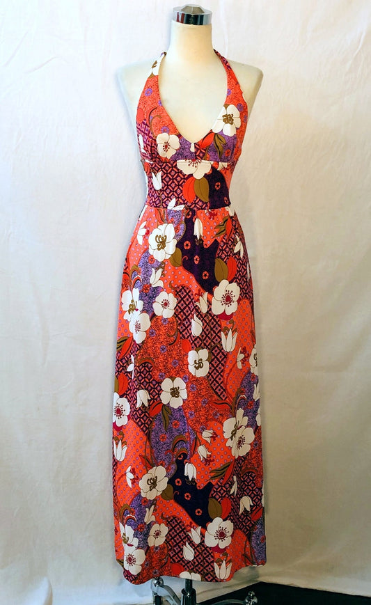 1960s 1970's Vintage Silky Jersey Fabulous Floral Summer Halter Maxi Dress