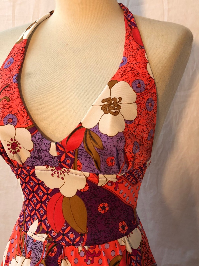 1960s 1970's Vintage Silky Jersey Fabulous Floral Summer Halter Maxi Dress
