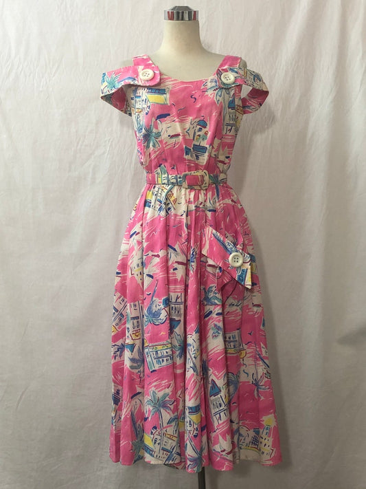 1970's Vintage Multi Color Print Summer Cotton Dress with Matching Belt
