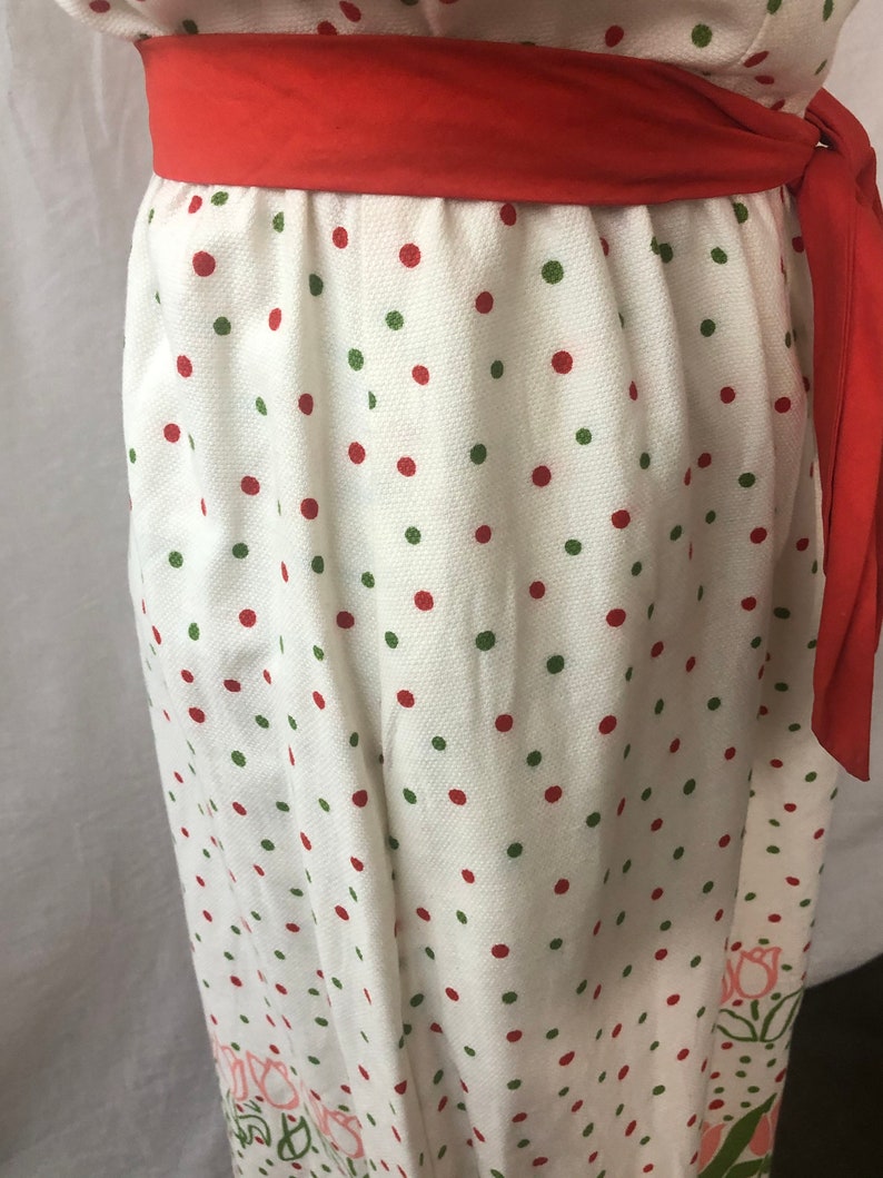 1960 Vintage Cotton Blend White with Floral & Polka Dots Design Maxi Sleeveless Dress