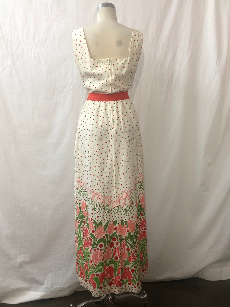 1960 Vintage Cotton Blend White with Floral & Polka Dots Design Maxi Sleeveless Dress