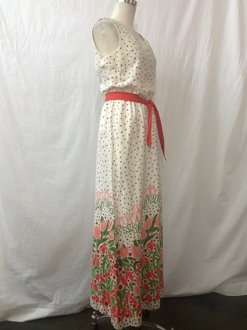 1960 Vintage Cotton Blend White with Floral & Polka Dots Design Maxi Sleeveless Dress