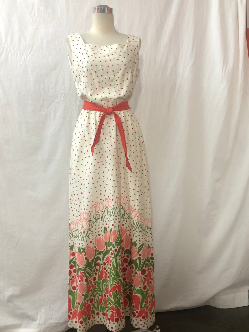 1960 Vintage Cotton Blend White with Floral & Polka Dots Design Maxi Sleeveless Dress