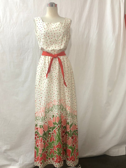 1960 Vintage Cotton Blend White with Floral & Polka Dots Design Maxi Sleeveless Dress