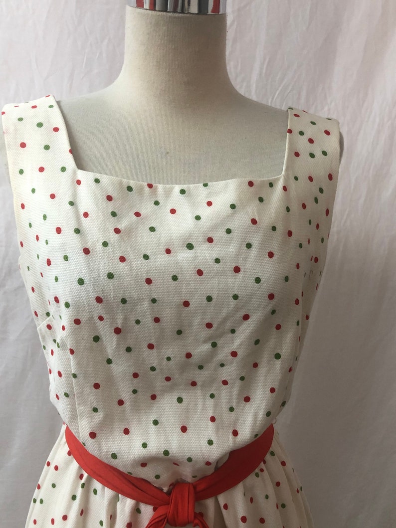 1960 Vintage Cotton Blend White with Floral & Polka Dots Design Maxi Sleeveless Dress