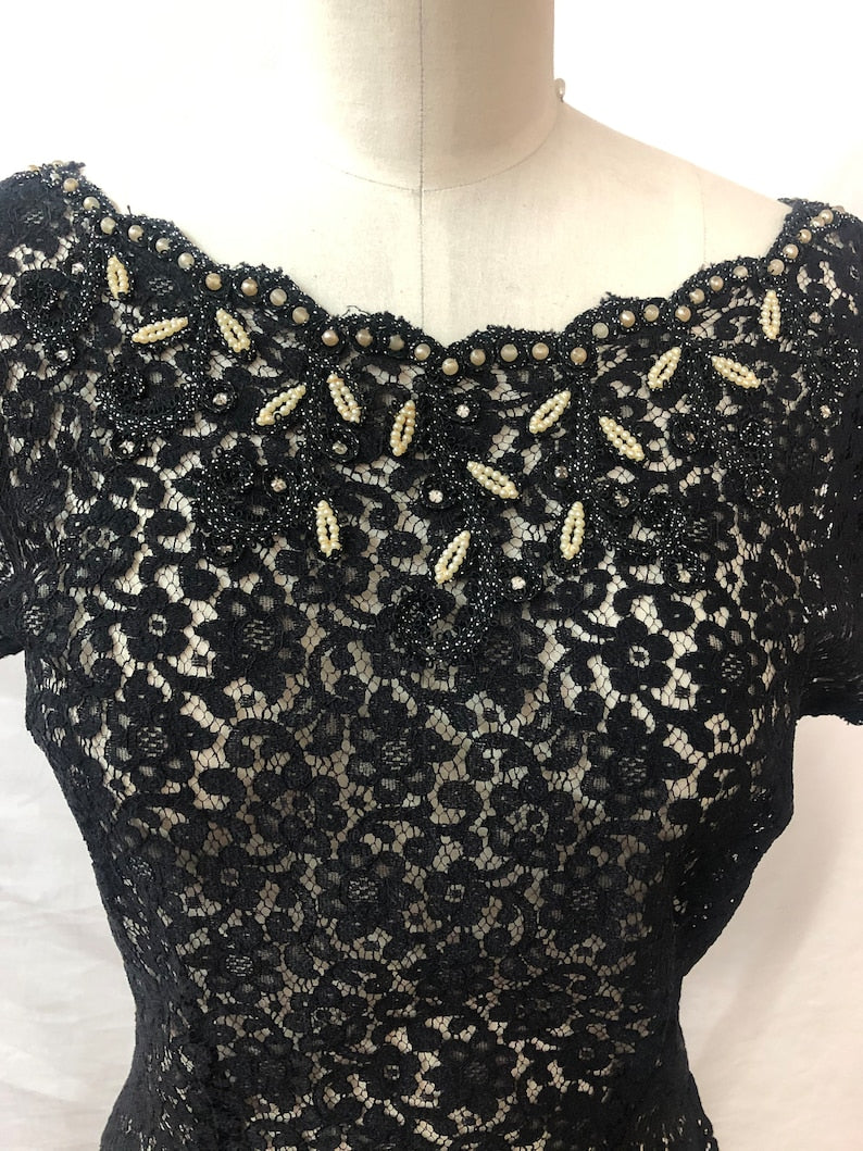 1950 Vintage Black Lace Blouse with Faux Pearl and Rhinestone Embellishments Perfect
