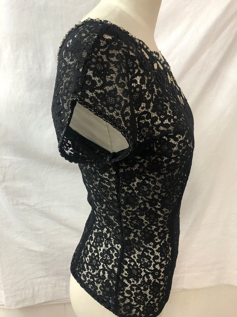1950 Vintage Black Lace Blouse with Faux Pearl and Rhinestone Embellishments Perfect