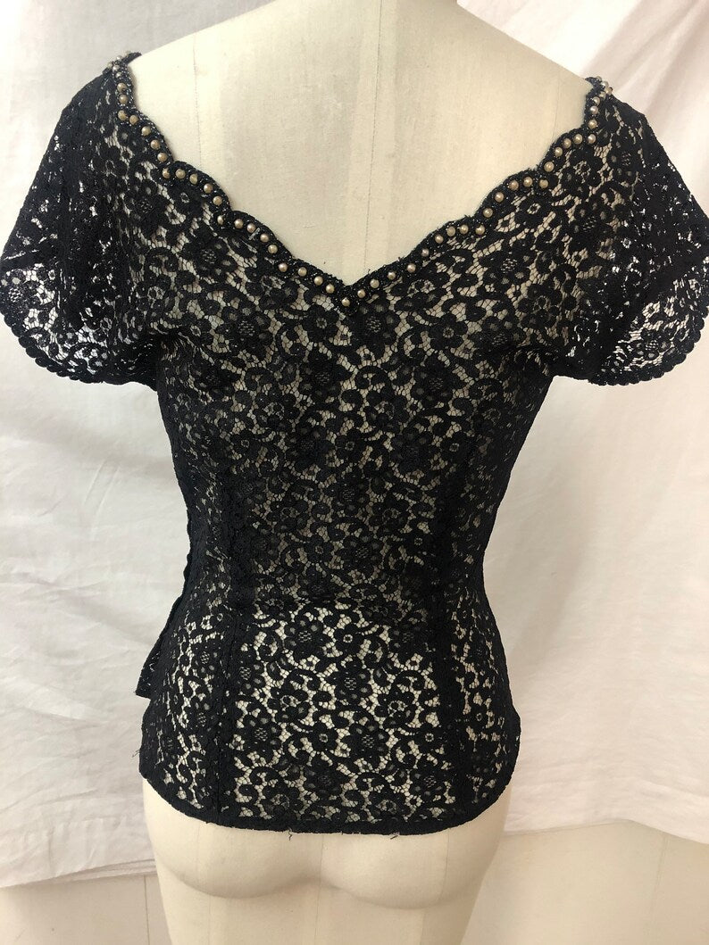 1950 Vintage Black Lace Blouse with Faux Pearl and Rhinestone Embellishments Perfect