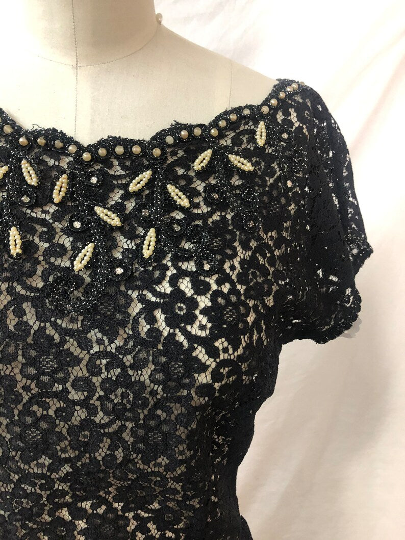 1950 Vintage Black Lace Blouse with Faux Pearl and Rhinestone Embellishments Perfect