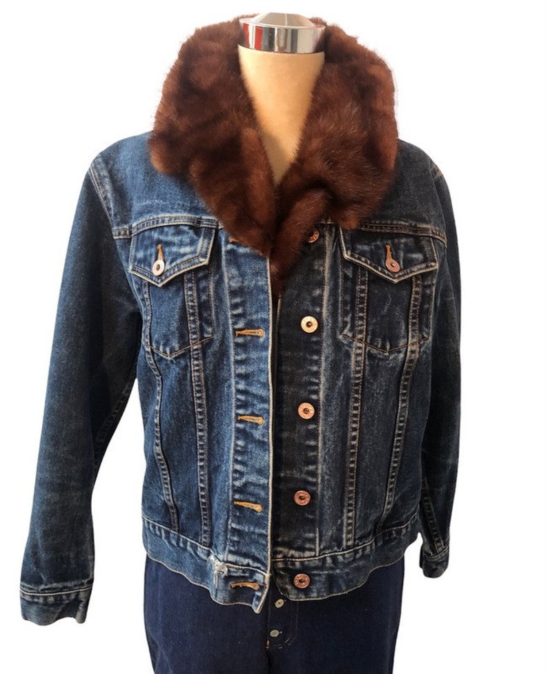 Vintage 1985 Reflect Jeans Jacket Embellished Mink Collar and Hand Painted Funk Design on Back So Cool