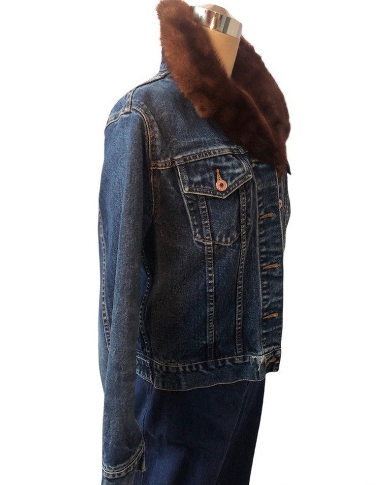 Vintage 1985 Reflect Jeans Jacket Embellished Mink Collar and Hand Painted Funk Design on Back So Cool