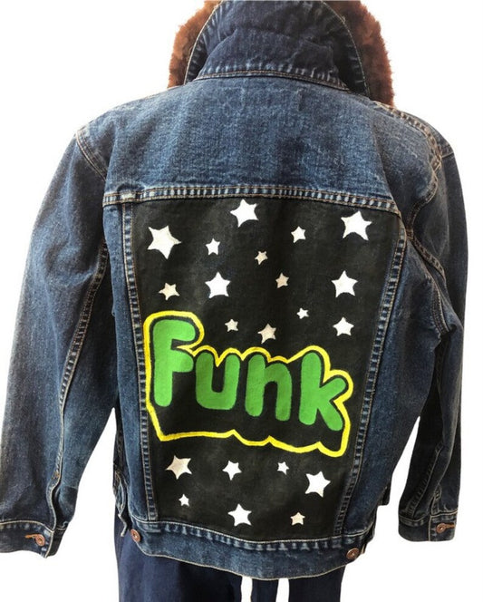 Vintage 1985 Reflect Jeans Jacket Embellished Mink Collar and Hand Painted Funk Design on Back So Cool