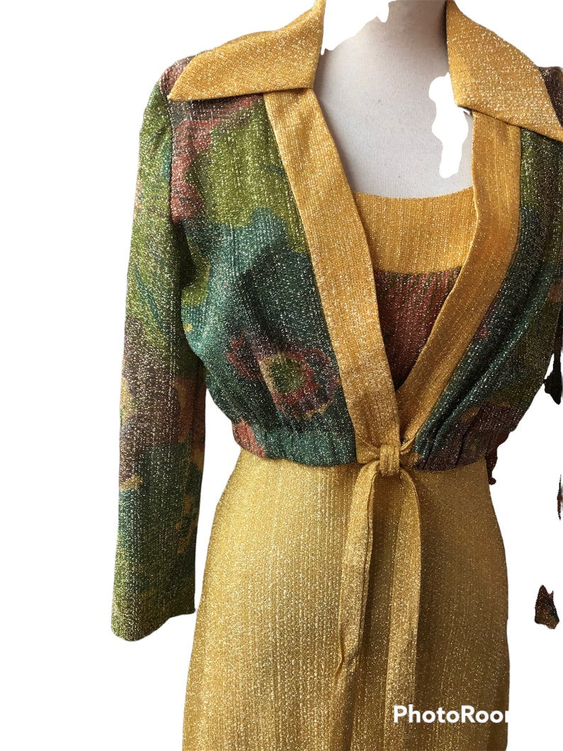 1970's Vintage Size 11-12 Disco Evening Gold Thread Knit Maxi Dress with Matching Bolero OMG So Cool