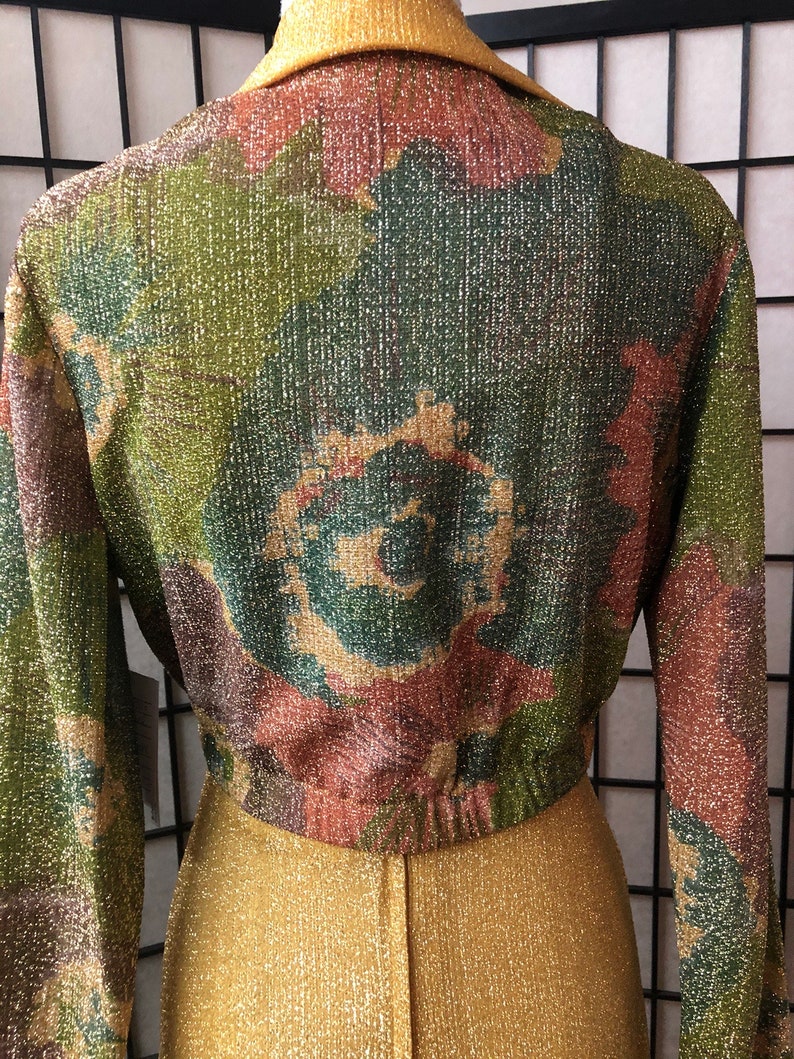 1970's Vintage Size 11-12 Disco Evening Gold Thread Knit Maxi Dress with Matching Bolero OMG So Cool