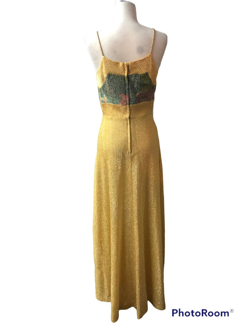 1970's Vintage Size 11-12 Disco Evening Gold Thread Knit Maxi Dress with Matching Bolero OMG So Cool