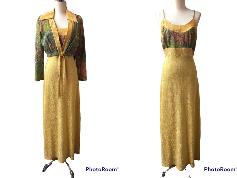 1970's Vintage Size 11-12 Disco Evening Gold Thread Knit Maxi Dress with Matching Bolero OMG So Cool
