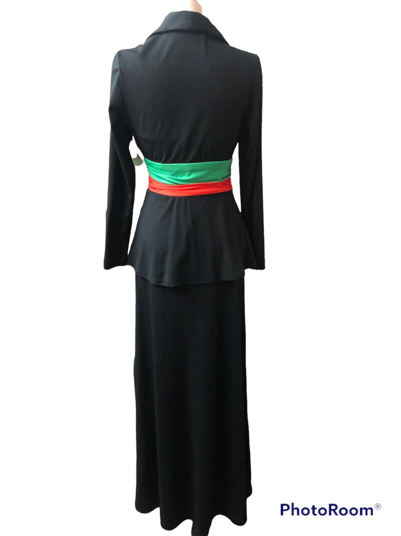 1970's Vintage Size 11 Disco Evening Black with Red Green Accents Maxi Dress with Matching Bolero OMG So Cool
