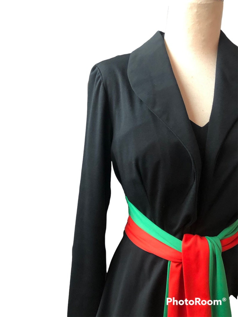 1970's Vintage Size 11 Disco Evening Black with Red Green Accents Maxi Dress with Matching Bolero OMG So Cool