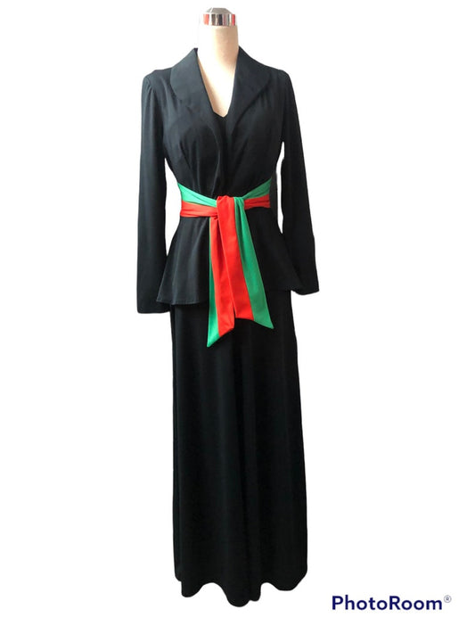 1970's Vintage Size 11 Disco Evening Black with Red Green Accents Maxi Dress with Matching Bolero OMG So Cool