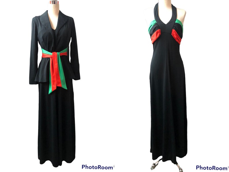 1970's Vintage Size 11 Disco Evening Black with Red Green Accents Maxi Dress with Matching Bolero OMG So Cool