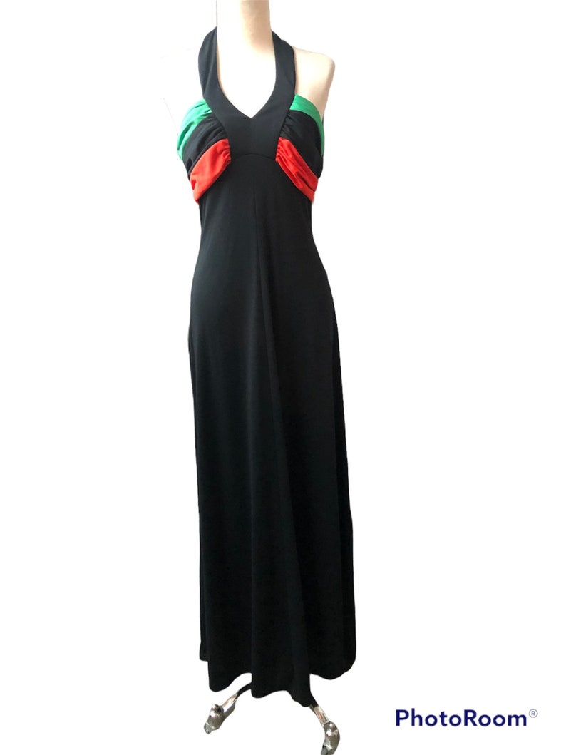 1970's Vintage Size 11 Disco Evening Black with Red Green Accents Maxi Dress with Matching Bolero OMG So Cool