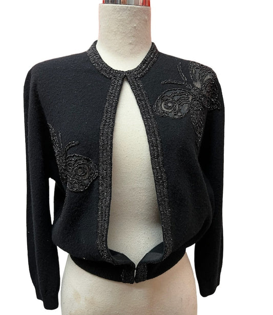 SOLD 1950 Vintage Black Beaded Soft Sweater with Butterfly Lace Cutouts Perfect